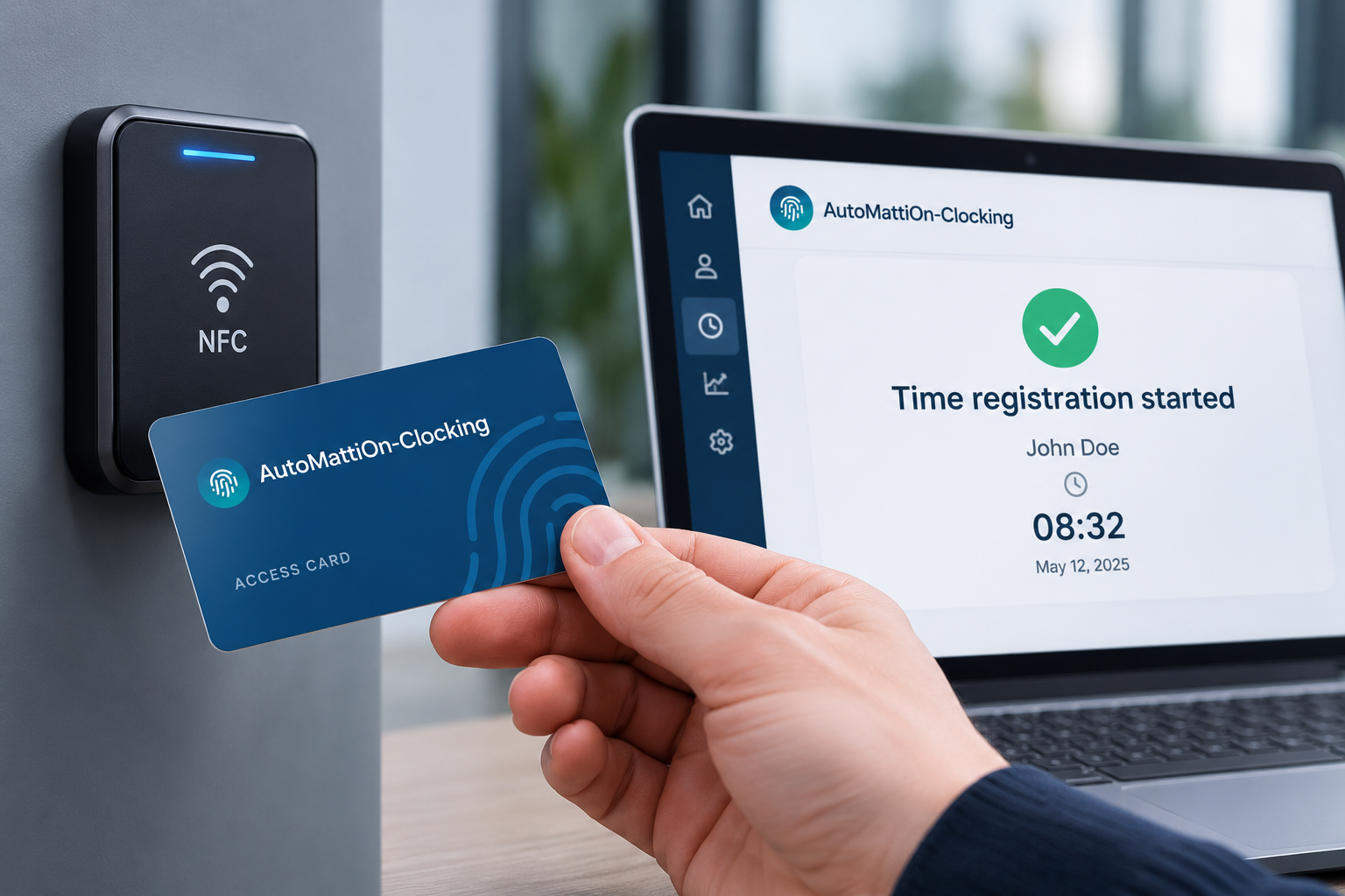 Medewerker houdt een AutoMattiOn-Clocking NFC-badge bij een lezer terwijl het scherm de gestarte tijdsregistratie toont
